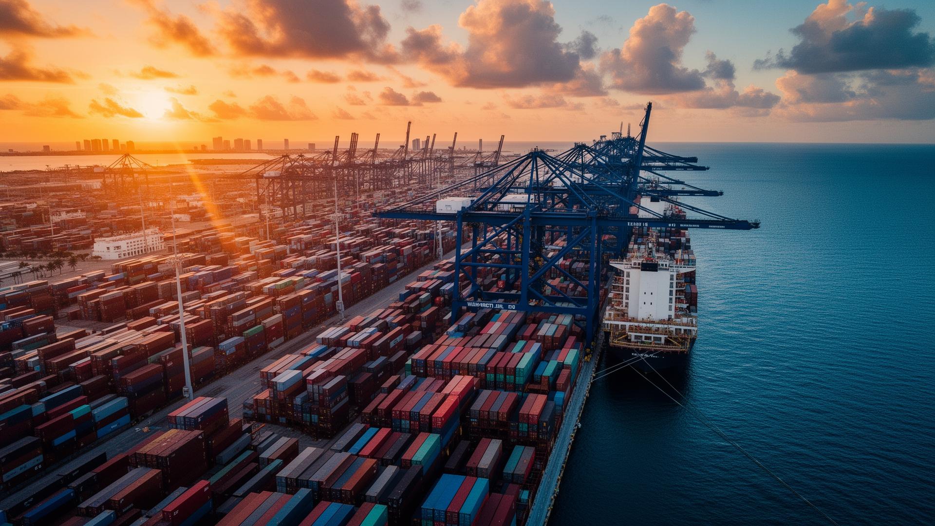 Aerial view of Miami container port at sunset with cranes and stacked shipping containers