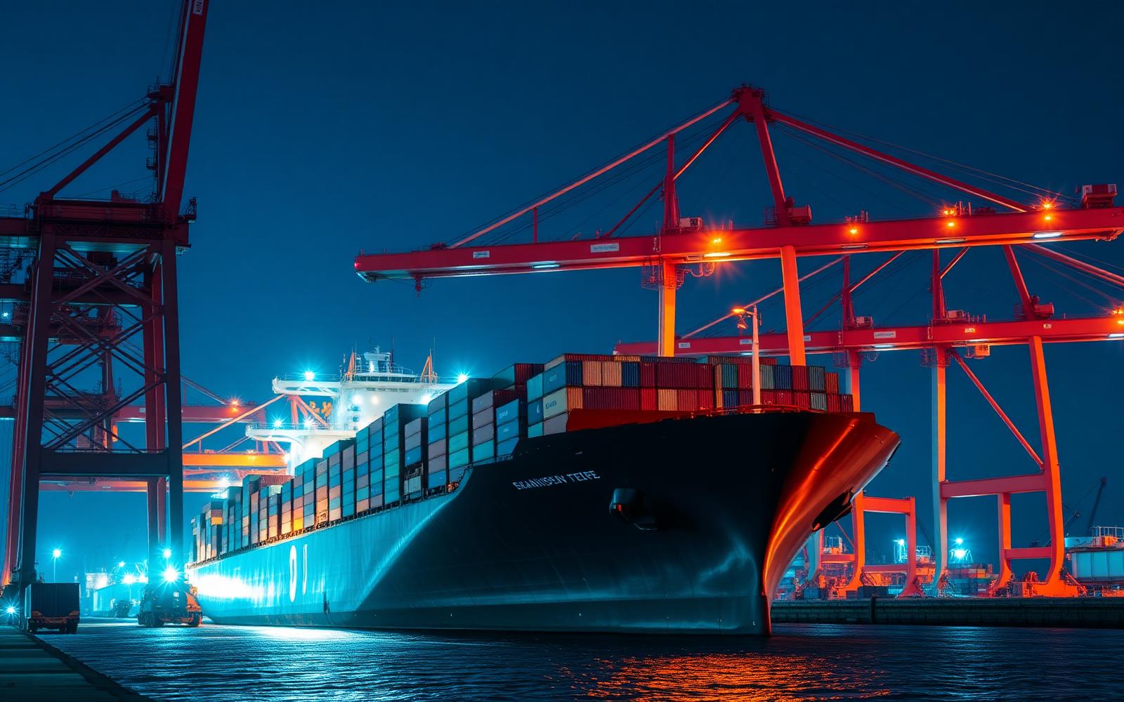Container ship at night with illuminated port cranes